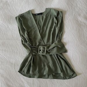 Zara Sage Green Belted Women's Blouse